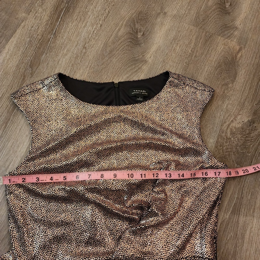 Tahari Metallic Bronze Faux Wrap Dress 8 Cap Sleeve Cocktail Quiet Luxury Glam - Picture 15 of 16